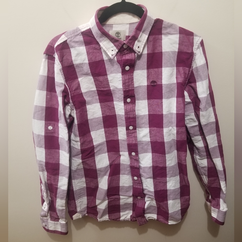 Timberland Purple White Plaid Slim Button Down Linen Cotton Western Shirt Medium